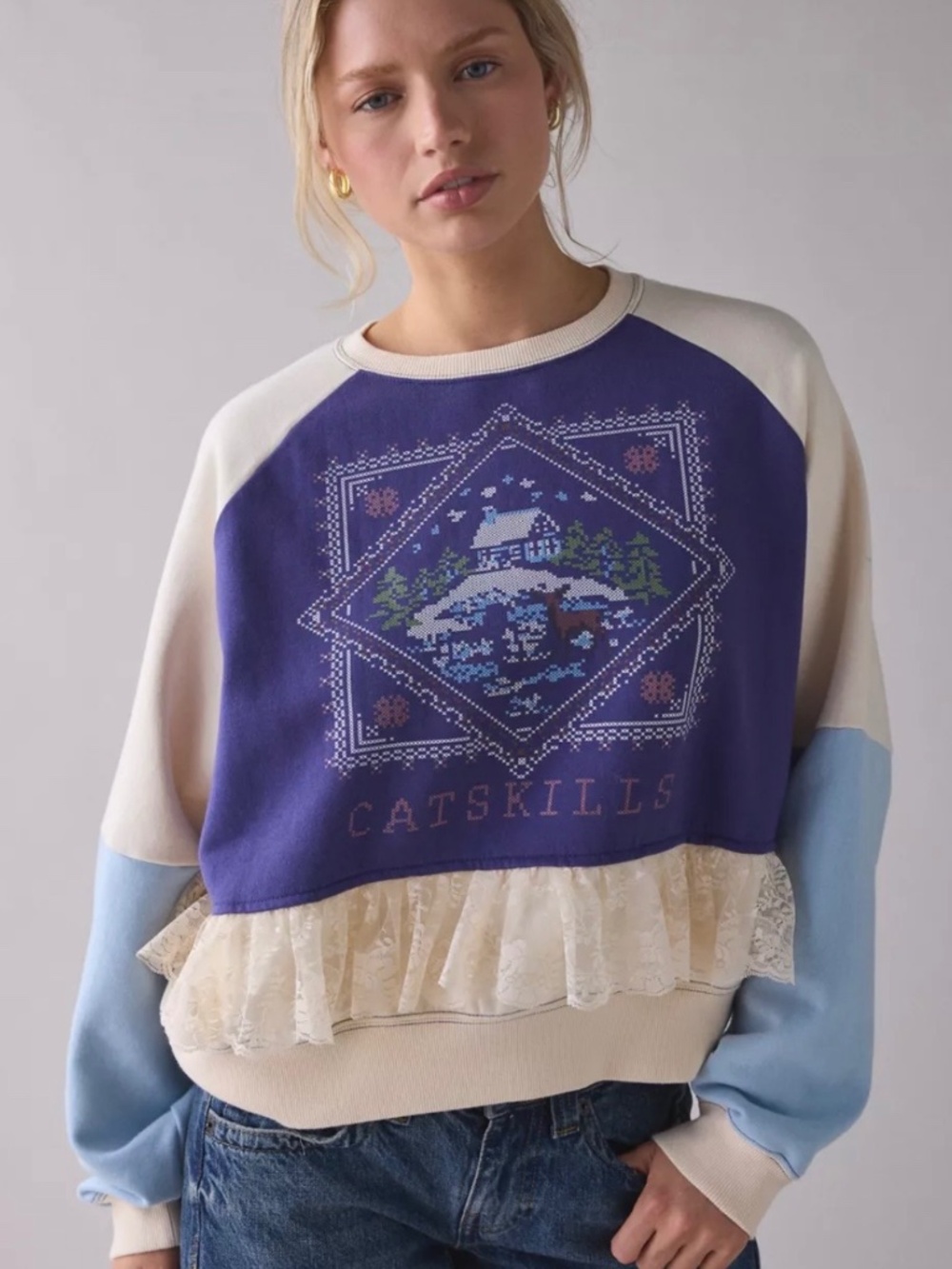 BDG Raven Crafty Lace Trim Patchwork Graphic Pullover, size M